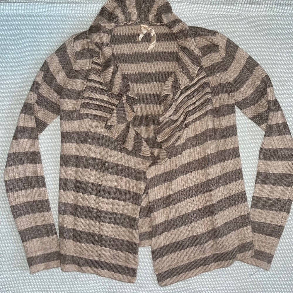 Mystree Long Sleeve Brown Stripe Wool Knit Waterfall Cardigan Drape Sweater Sz S